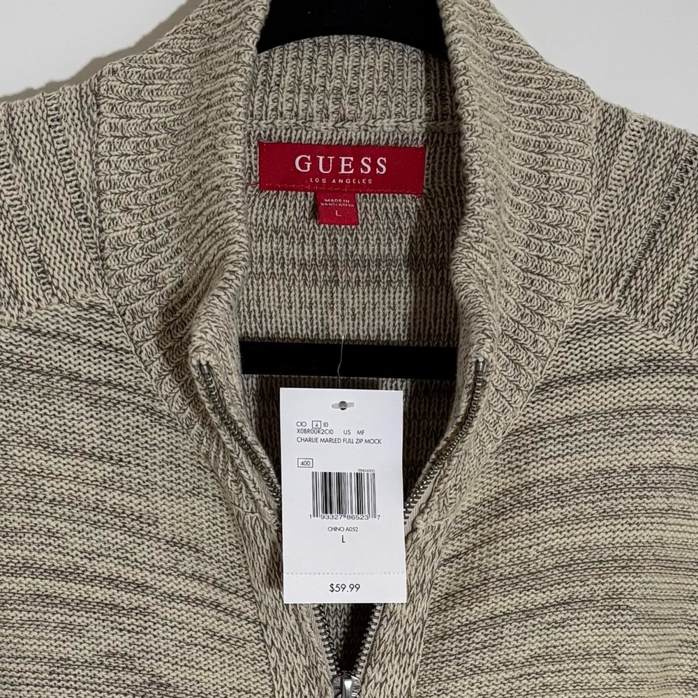 Guess Men's Beige and Brown Charlie Marled Full Zip-Up Mock Sweater